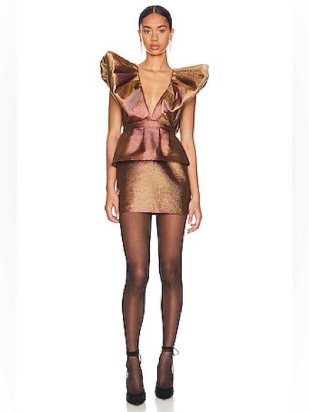 Ronny Kobo Collection Revolve Metallic Bronze Peplum Mini Dress NWT Small - Picture 2 of 3